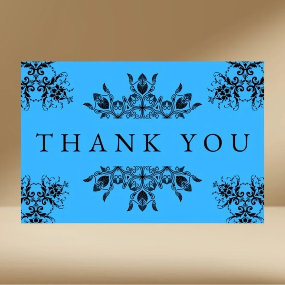 Set of 10 Elegant Blue and Black Thank You Cards